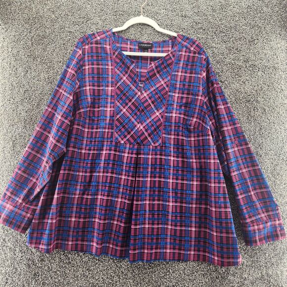 Lane Bryant 22/24 multicolor pink plaid v-neck long sleeve blouse - Picture 1 of 9
